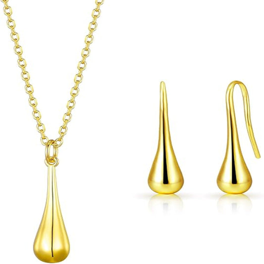 Golden Teardrop Necklace and Earrings Set