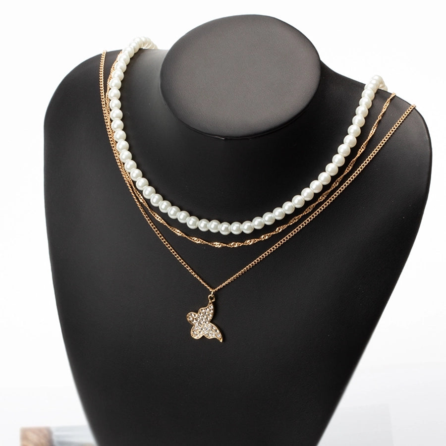 Vintage Style Shiny Butterfly Rhinestones Imitation Pearl Alloy Beaded Chain Singapore chain Layered Necklaces