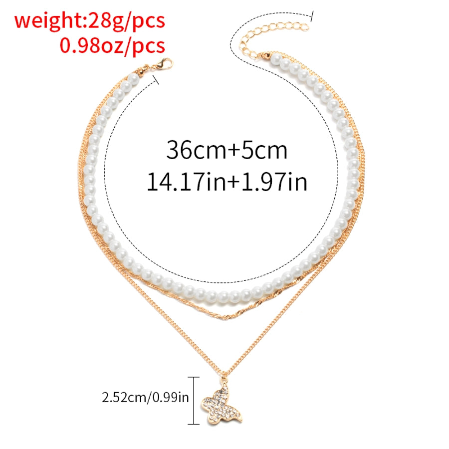 Vintage Style Shiny Butterfly Rhinestones Imitation Pearl Alloy Beaded Chain Singapore chain Layered Necklaces