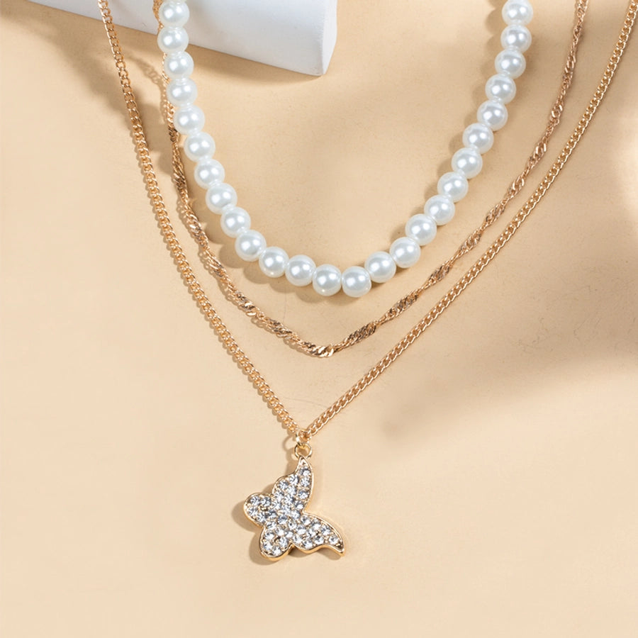 Vintage Style Shiny Butterfly Rhinestones Imitation Pearl Alloy Beaded Chain Singapore chain Layered Necklaces