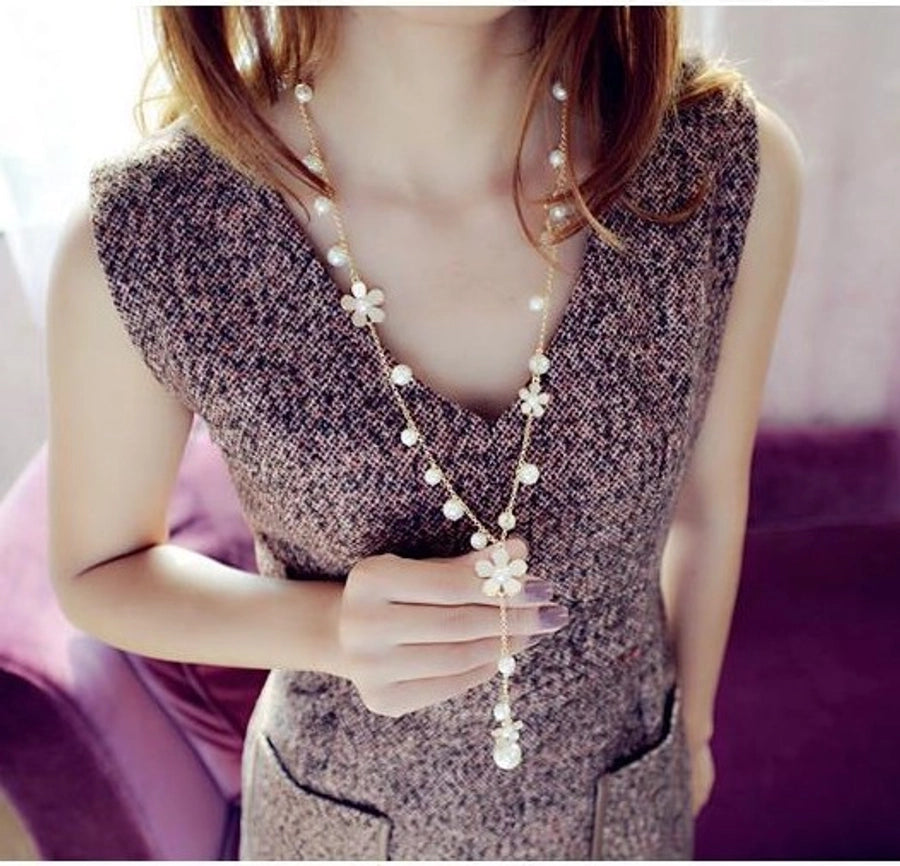 fashion flower alloy inlay artificial pearl necklace 1 piece