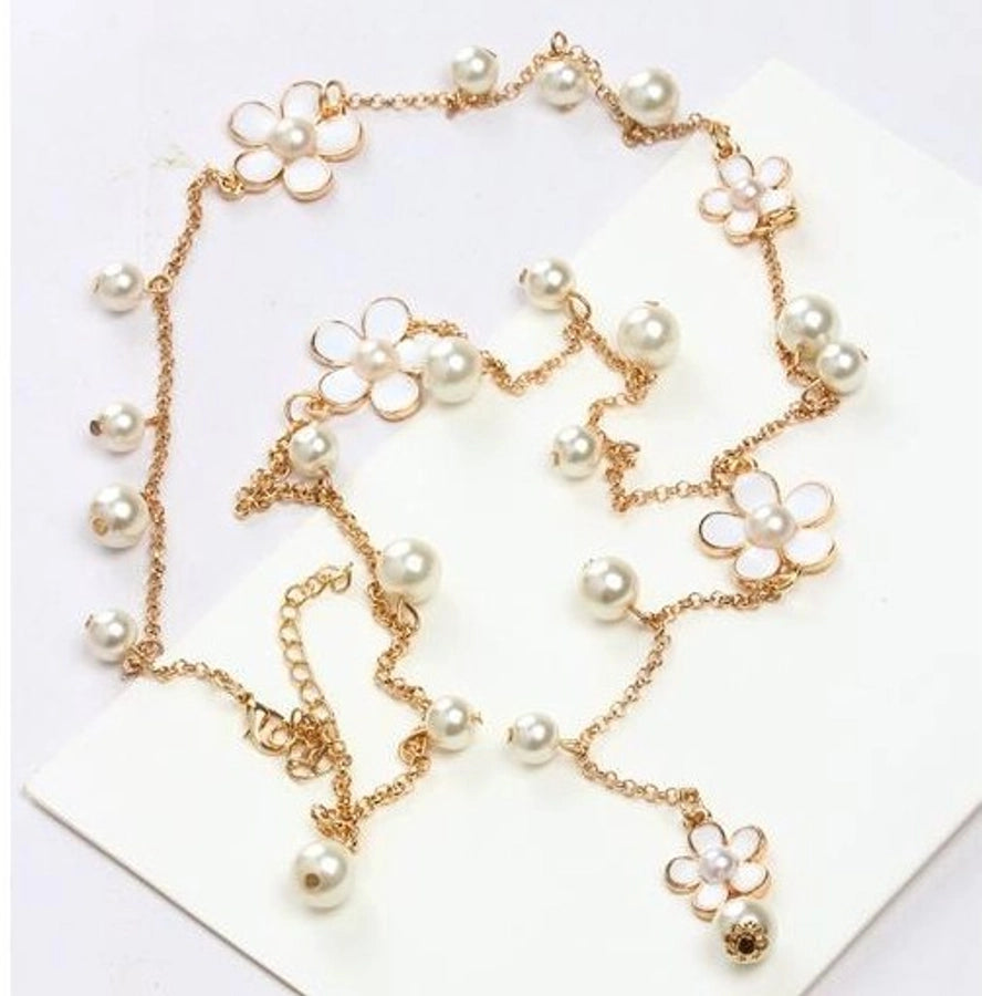 fashion flower alloy inlay artificial pearl necklace 1 piece